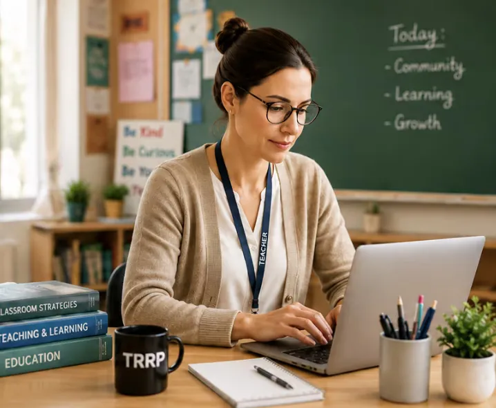 A teacher and newer agent working from her desk