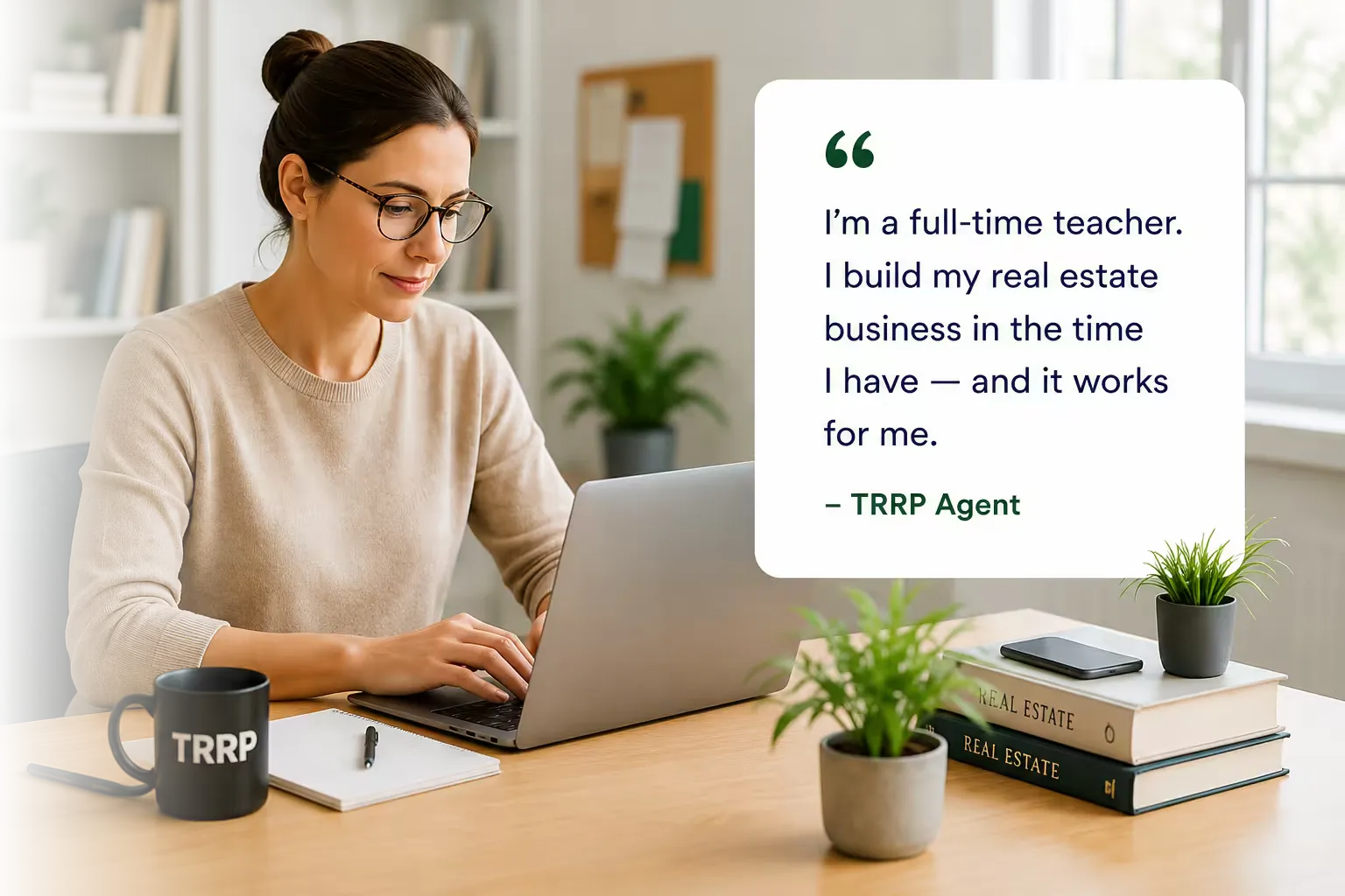 Agent working at a desk with a laptop and TRRP mug